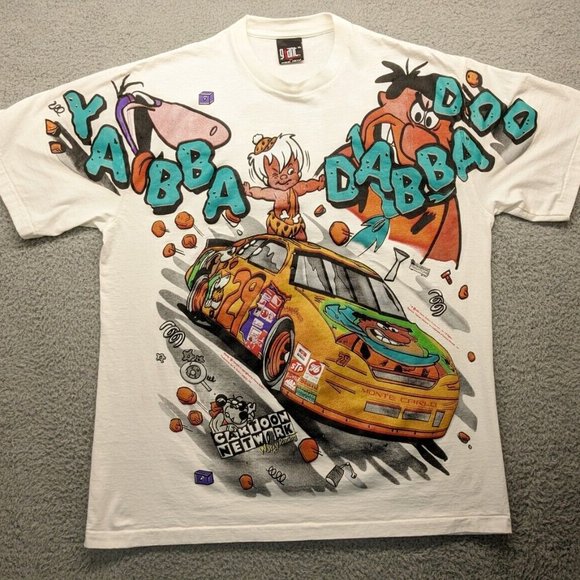 1996 Flintstones Cartoon Network Modern Boot NASCAR AOP Tee Single Stitch - Picture 2 of 6